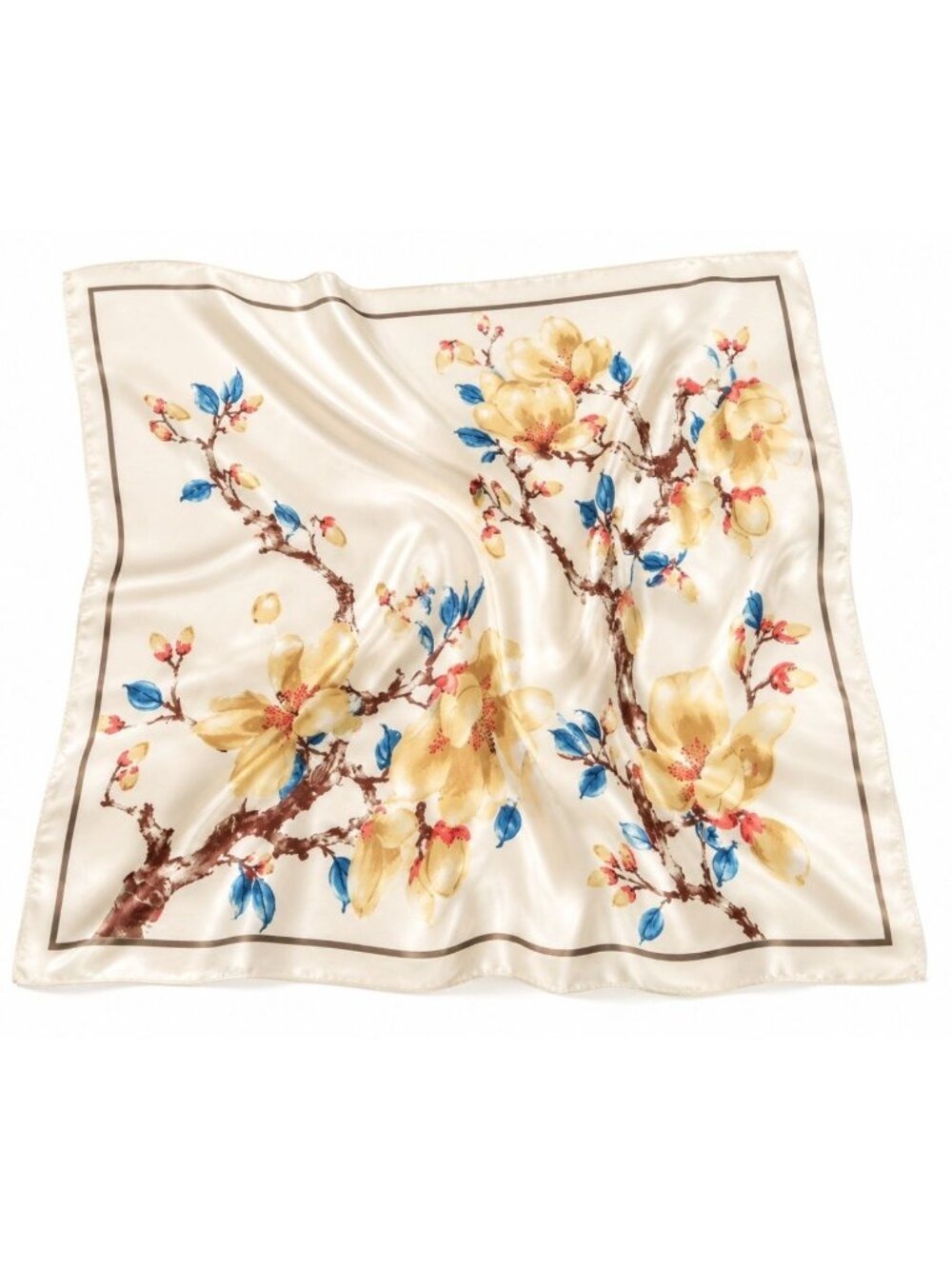 Cream Floral Magnolia Square Scarf 35x35 Satin Head Hair Neck Scarf Women